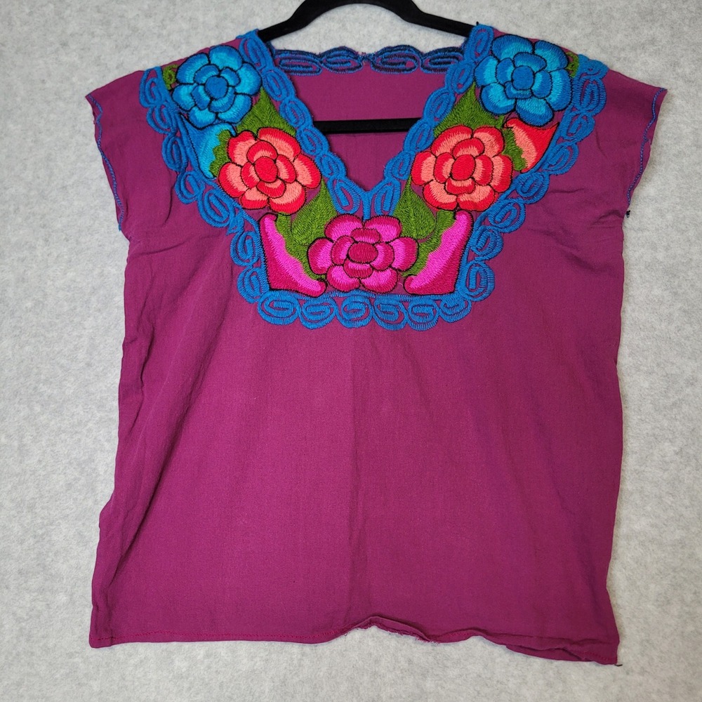 Handmade Mexican Huipil Floral Embroidered Magenta Purple Boho Blouse Top Sz M